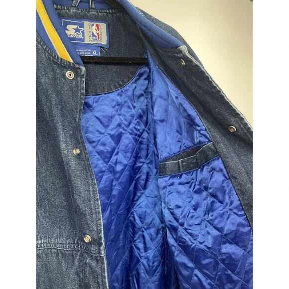 Rare VTG 90s Starter NBA Varsity Golden State Warriors Denim Jean Jacket Quilted - Picture 8 of 14